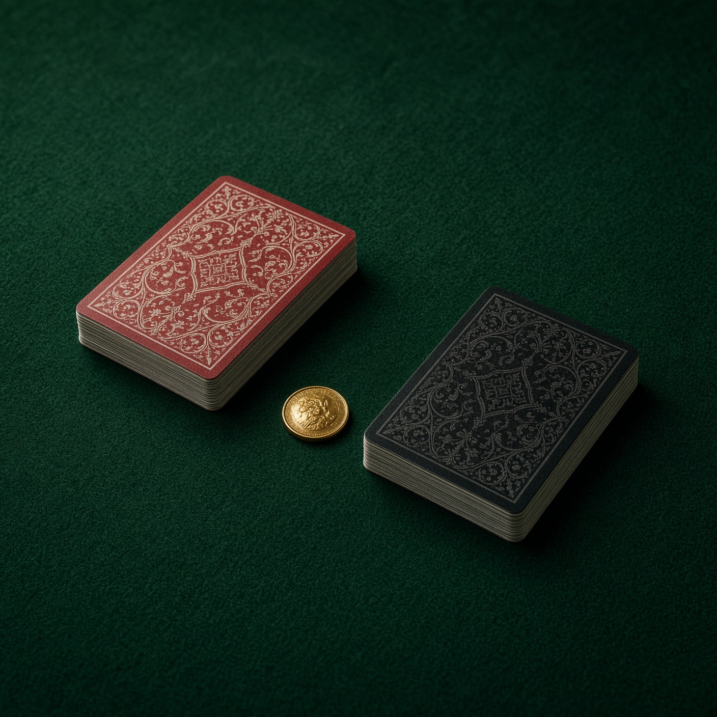 Two piles of cards on green felt for Andar Bahar