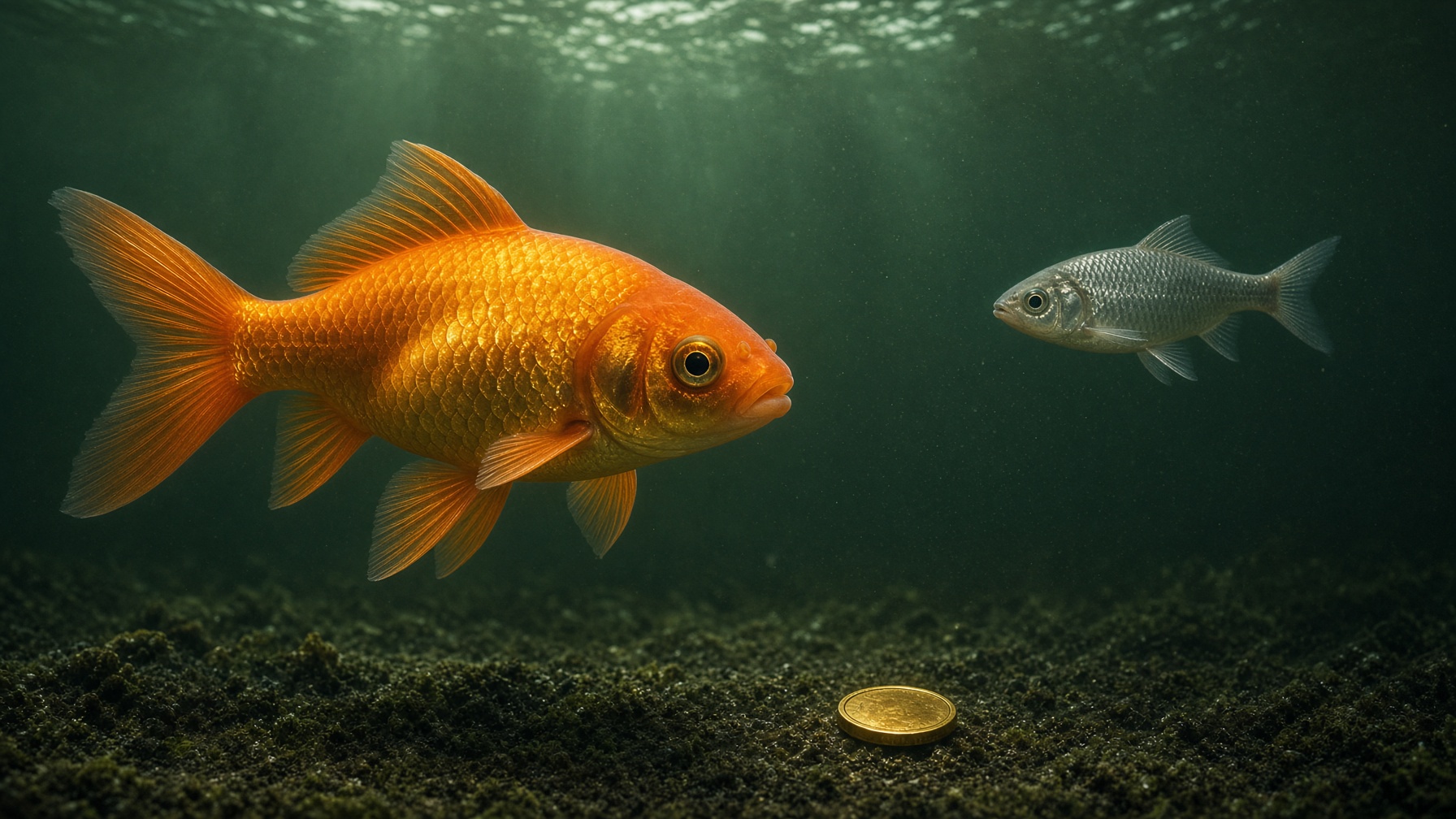 A goldfish and a gold coin in dark water