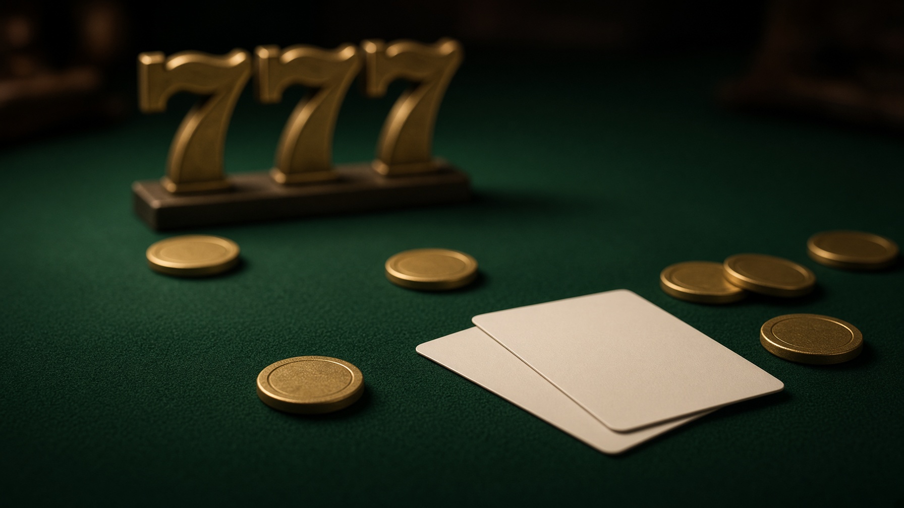 Brass 777 plaque, gold chips and cards on emerald felt for the 777 BD lobby