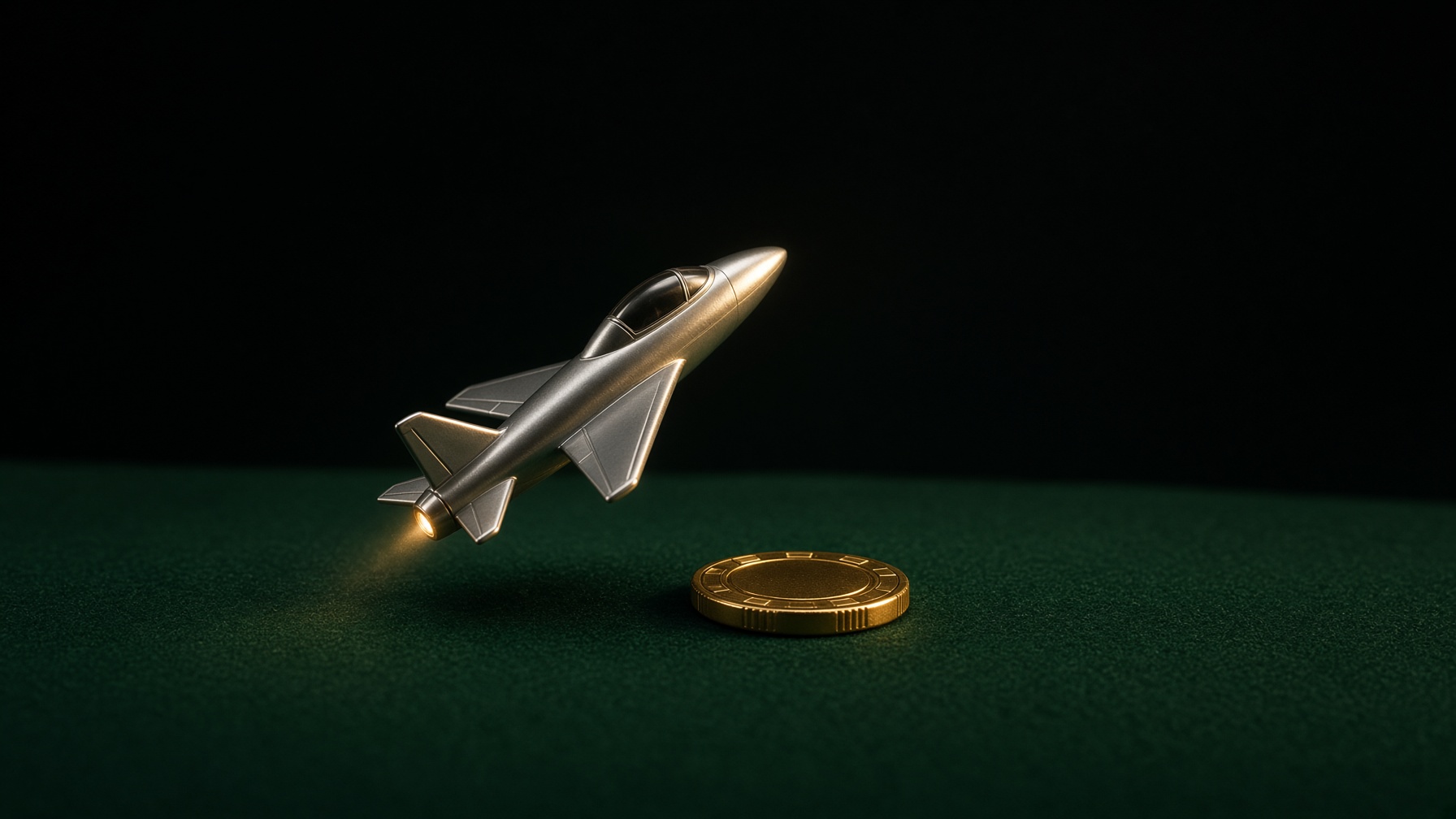 A silver toy jet climbing above a dark table