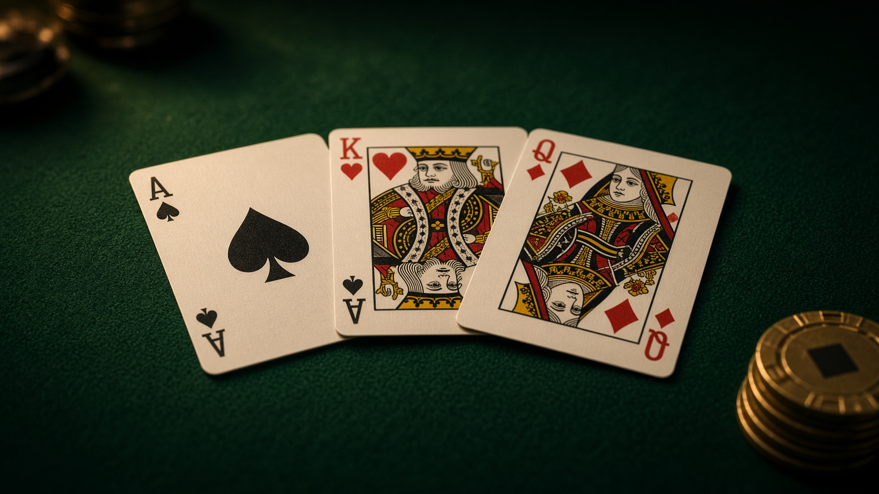 Three face-up playing cards on green felt